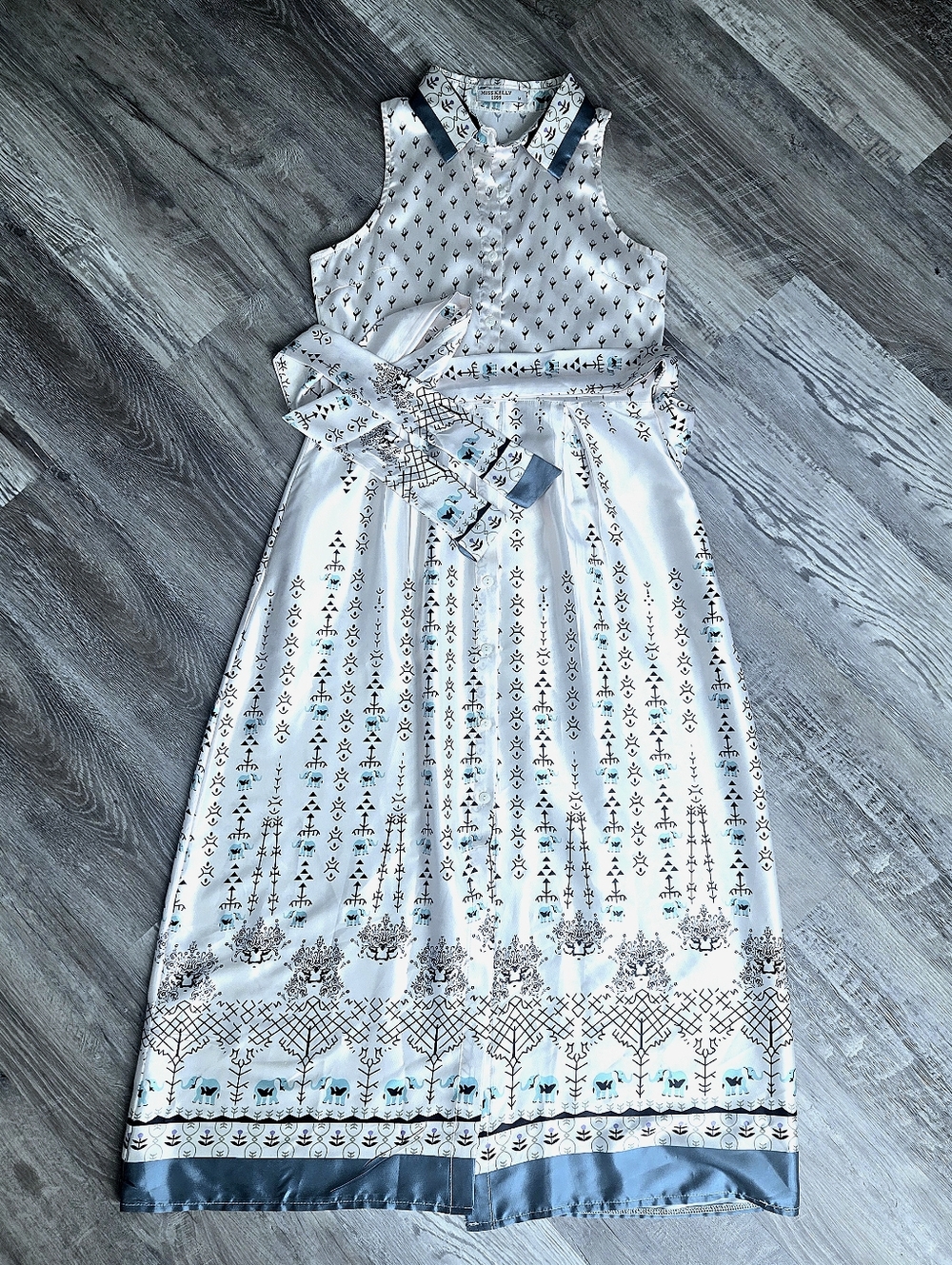 Sleeveless Satiny Off-White Midi Dress with Blue Elephant Print